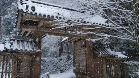 gate to a mountain temple in japan in winter - gate, wooden, winter, temple, mountain, snow