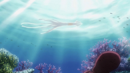 Ocean life - hunter x hunter, sunlight, water, squid, coral, anime, fish, ocean life, sea, manga