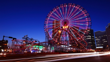 the famous yokohama ferris wheel in japan - amusement park, night, ferris wheel, lights