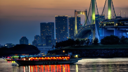 bridge on tokyo waterfront at dusk - boats, river, lights, bridhe, dusk, city