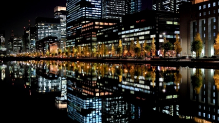 tokyo reflected in waterfront at night - lights, waterfront, city, night, reflection