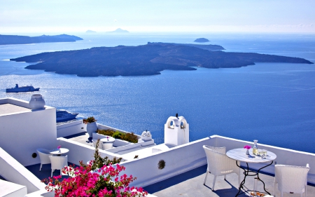 Santorini - horizon, sky, travel, summer, clear, greece, lovely, crystal, village, view, santorini, blue, beautiful, waters, flowers, sea