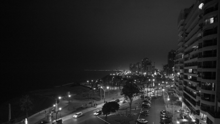 lima peru seaside on a dark night - lights, black and white, city, seaside, night