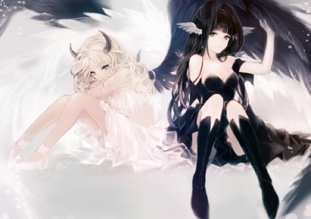 Angels - girls, pretty, dark, angel, light, long hair, wings, orginal