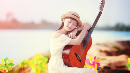 beautiful day - beauty, asian, hat, guitar