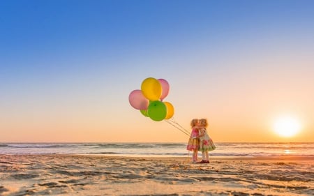 A little Hug For My Dear Adi - kids, beach, evening, splendor, sea, hugs, sweets, reflection, sweet, seashore, sunset, balloons, cute, paradise, sun, sky