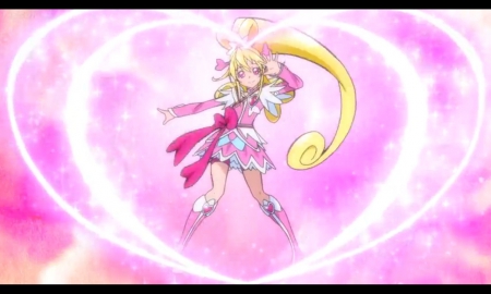 Cure Heart - pretty, anime, fanrtasy, magic, female, dress, blonde, blond hair, light, pink, magical, armor, blond, ribbon, sparks, nice, gown, anime girl, cure heart, beautiful, girl, blonde hair, beauty, lovely, love, sweet, pretty cure, glow, precure, mahou shoujo, magical girl