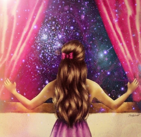 Window to the Magic - windows, sky, sparkling, girl, curtains, hair, magic, night, watching