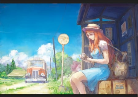 Reading while Waiting - pretty, anime, female, scenery, book, scene, maiden, long hair, car, nice, sitting, sky, read, hat, anime girl, beautiful, reading, girl, scenic, beauty, lovely, cap, sweet, lady, motorcar, cloud, orange hair