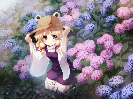 Flower Garden - pretty, anime, kawaii, female, blossom, blonde, blond hair, touhou, garden, blond, sit, nice, sitting, anime girl, moriya suwako, girl, blonde hair, lovely, sweet, flower, adorable, floral