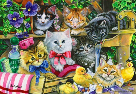 Bathtime kittens - fun, mess, kittens, joy, bathtime, painting, kitties, art, game, garden, cute, adorable, chickens, funny, playing, bath, cats, sweet, flowers, friends