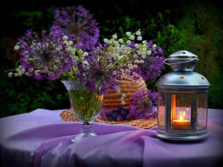 Still life - pretty, romantic, evening, dark, flowers, elegance, purple, scent, violet, nice, veil, vase, hat, delicate, beautiful, fragrance, flame, lovely, still life, lantern, harmony, glasses, lily of the valley