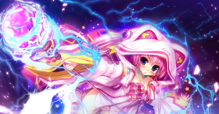 Magic Wand - wand, anime, magic, female, blue, dress, pink, thunder, rod, hd, weapon, pink hair, lighting, gown, neko, anime girl, hot, hood, staff, girl, cg, sexy