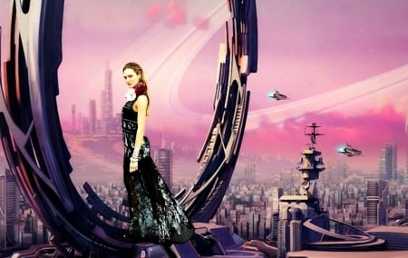 Candice Swanepoel - by cehenot, futuristic, dress, girl, city, pink, black, woman, model, Candice Swanepoel