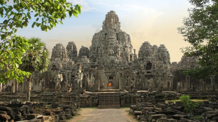 beautiful eastern temple - trees, monk, temple, altar, rocks