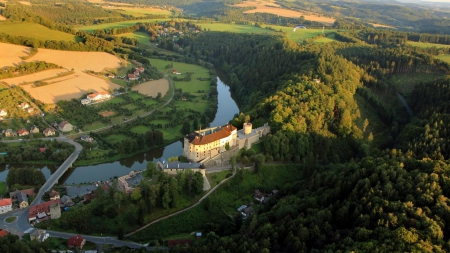 birdseye view of castle along a river - village, view, forest, castle, river