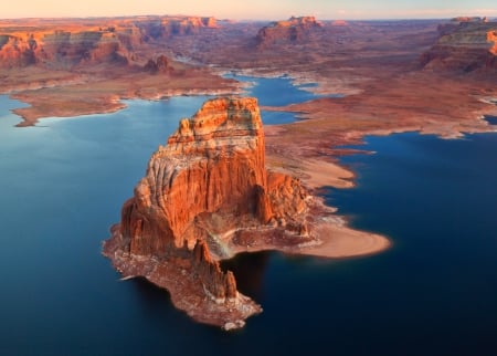 Stone Castles In Lake Powell - lake, utah, cliff, sunset, blue water, arizona, canyon, beautiful, reddish rocks, reservoir