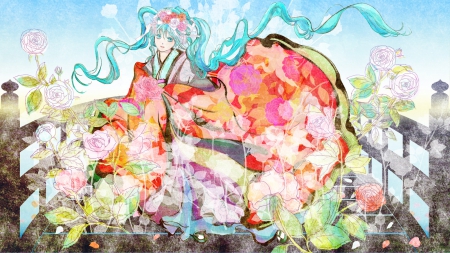 Miku Hatsune - Vocaloid, flowers, kimono, Miku Hatsune