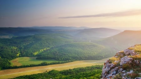 lovely view on a sunny day - hill, view, sunshine, forests, tracks, rocks