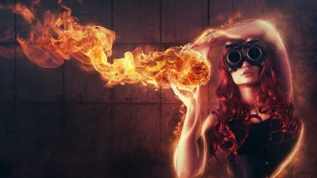 fire girl - trick, redhead, girl, fire