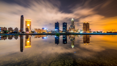 perfect city reflection - reflection, evening, skyscrapers, city, waterfront