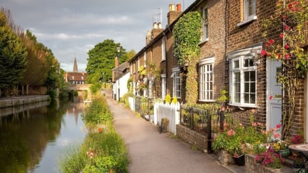 channel in a bucolic setting - houses, channel, bucolic, plants, path