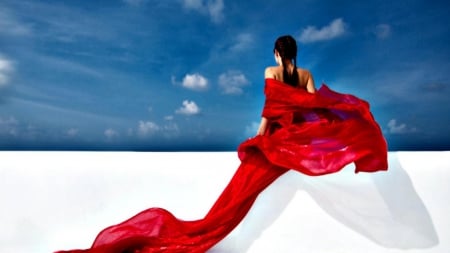 red veil - veil, beauty, red, sky