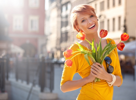 Girl with Flowers - flowers, girl, tulips, model