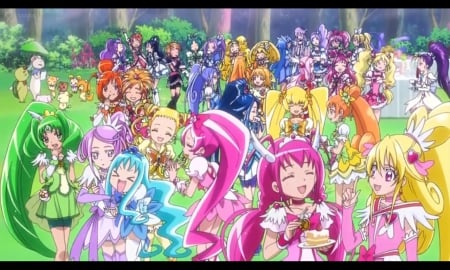 Pretty Cure Party - nice, beauty, female, pretty cure, anime girl, precure, pretty, anime, party, food, team, scene, scenic, girl, magical girl, long hair, gown, lovely, cake, candy, beautiful, scenery, sweet, friendship, group, friend, dress, happy, snack