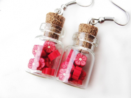 Red Flowers - earrings, bottle, flowers, red