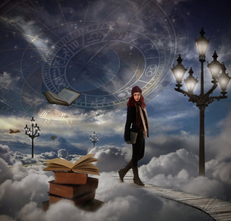 Elusive - books, abstract, lady, fantasy