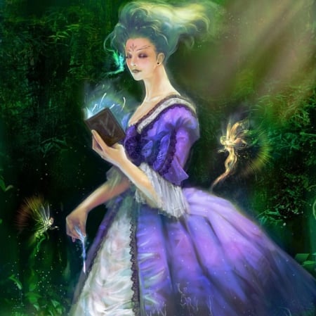 Book of Spells - girl, fairies, reading, book, spells