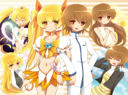 Multiple Personalities - gown, cute, blond hair, blonde, anime girl, adorable, cure sunshine, girl, heartcatch precure, ribbon, blond, blonde hair, twin tails, kawaii, short hair, magical girl, yellow, precure, brown hair, anime, twintail, twintails, dress, twin tail, long hair, myoudouin itsuki, pretty cure, female