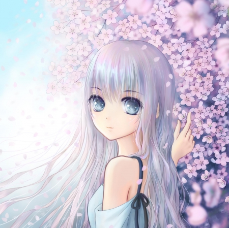 Spring - flower, cute, maiden, beautiful, blossom, anime girl, adorable, girl, cherry blossom, lady, floral, blouse, sundress, pink, pretty, soft, kawaii, beauty, sweet, sakura, anime, hd, dress, sakura blossom, cg, long hair, petals, nice, lovely, female, realistic