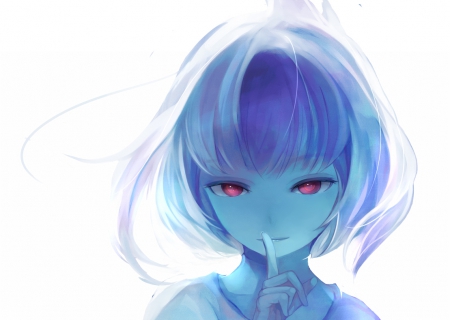 Silent - realistic, beauty, nice, female, eerie, simple, anime girl, aqua hair, gloom, fantasy, white, red eyes, pretty, anime, short hair, creep, gloomy, girl, lovely, red, blue, beautiful, plain, sweet