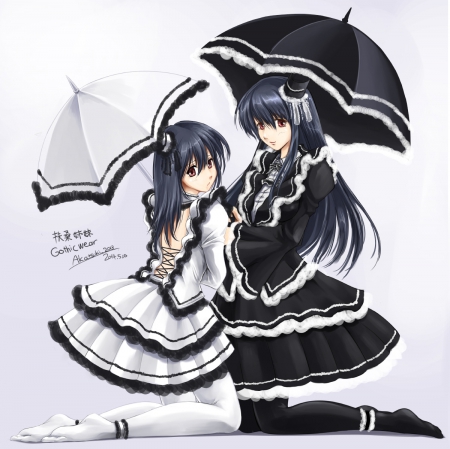 Black & White - pretty, anime, female, maiden, dress, long hair, lolita, umbrella, plain, nice, loli, gown, anime girl, beautiful, girl, simple, gothic, beauty, lovely, sweet, black, white, lady