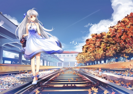 Railway - anime, female, scenery, town, scene, maiden, dress, plant, long hair, white hair, station, railway, hd, sky, silver hair, gown, anime girl, tracks, realistic, train station, beautiful, girl, city, scenic, beauty, tree, nature, lady, cloud