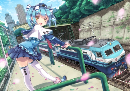 The Train - cute, buiding, miniskirt, anime girl, girl, scenery, city, scenic, blue hair, cloud, pretty, kawaii, short hair, sweet, anime, hd, sky, cg, train, petals, home, nice, skirt, lovely, scene, female, house