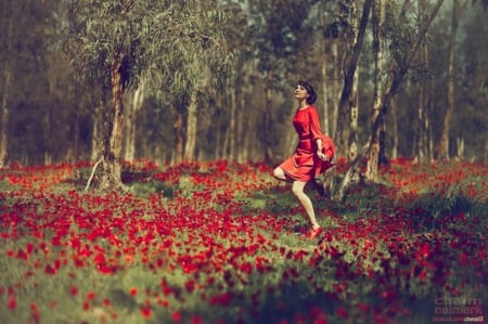 Red - nature, woman, red dress, red field, red poppies