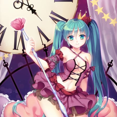 Hatsune Miku - anime, tiara, vocaloid, twin tail, female, miku hatsune, twintail, dress, hatsune miku, clock, green eyes, green hair, long hair, sublime, hd, twin tails, gown, anime girl, twintails, royalty, hot, girl, petals, miku, hatsune, sexy