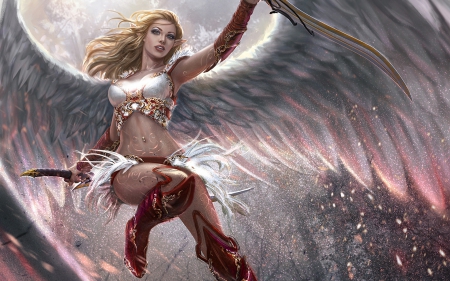 Angel - women, woman, angel, wings, fantasy, tattoo, white, art, game, feather, sword, elf, girl, warrior, pink, red, blonde