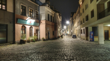 cobblestone city street late at night hdr - street, lights, hdr, city, cobblestone, night