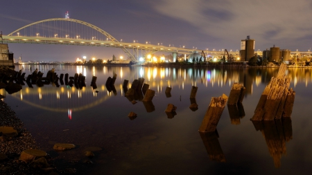 bridge at night - pillars, river, factories, lights, night, bridge