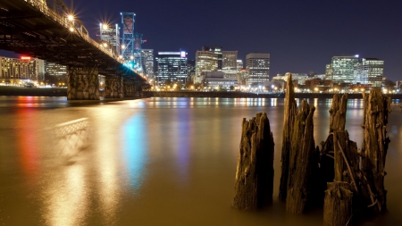 city bridge at night - reflection, pillars, river, night, city, bridge, lights