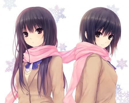 Pink Scarf - plain, beautiful, anime girl, girl, white, simple, pretty, snowflakes, beauty, sweet, scarf, brown hair, anime, hd, flakes, long hair, nice, lovely, black hair, female, snow