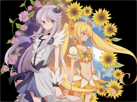 Day & Night - anime, twin tail, cure moonlight, female, twintail, blossom, dress, blonde, long hair, cure sunshine, sunflower, blond, purple hair, twin tails, anime girl, twintails, beautiful, hot, girl, blonde hair, beauty, flower, pretty cure, precure, magical girl, rose, cute, floral, sexy