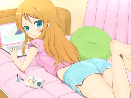 My Bedroom - pretty, anime, female, blonde, pink, laptop, long hair, bed, blond, short, pillow, nice, girl, beauty, bedroom, sweet, pant, shirt, soft, computer, cute