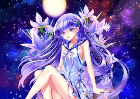 Purple Flower - pretty, anime, magic, female, long hai, maiden, dress, purple, nice, moon, girl, beauty, lovely, sweet, flower, lady, r purple hair