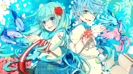 Vocaloid - Vocaloid, Miku, birds, Kaito, fish