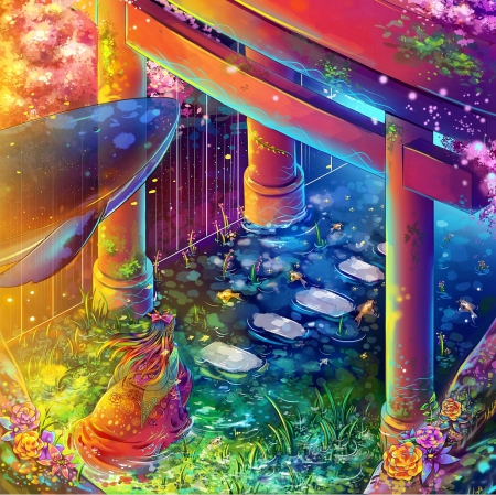 Water Shrine - colourful, beautiful, running, anime girl, girl, lady, whale, madien, colorful, run, pretty, water, shrine, beauty, colour, sweet, anime, yukata, hd, multicolour, multicolor, nice, lovely, fish, kimono, female, color